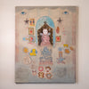 A surreal, collage-style painting hanging on a light beige wall. The artwork features a central pink figure under a blue arch, surrounded by whimsical elements including blue eyes, stars, small animal figures, decorative frames, and pastel accents in yellow, orange, and red.