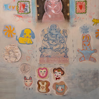 A colorful mixed-media collage artwork featuring Ganesha, a yellow puppy, a blue bunny, a pink cat, and various heart and face motifs on a textured light blue and beige background.