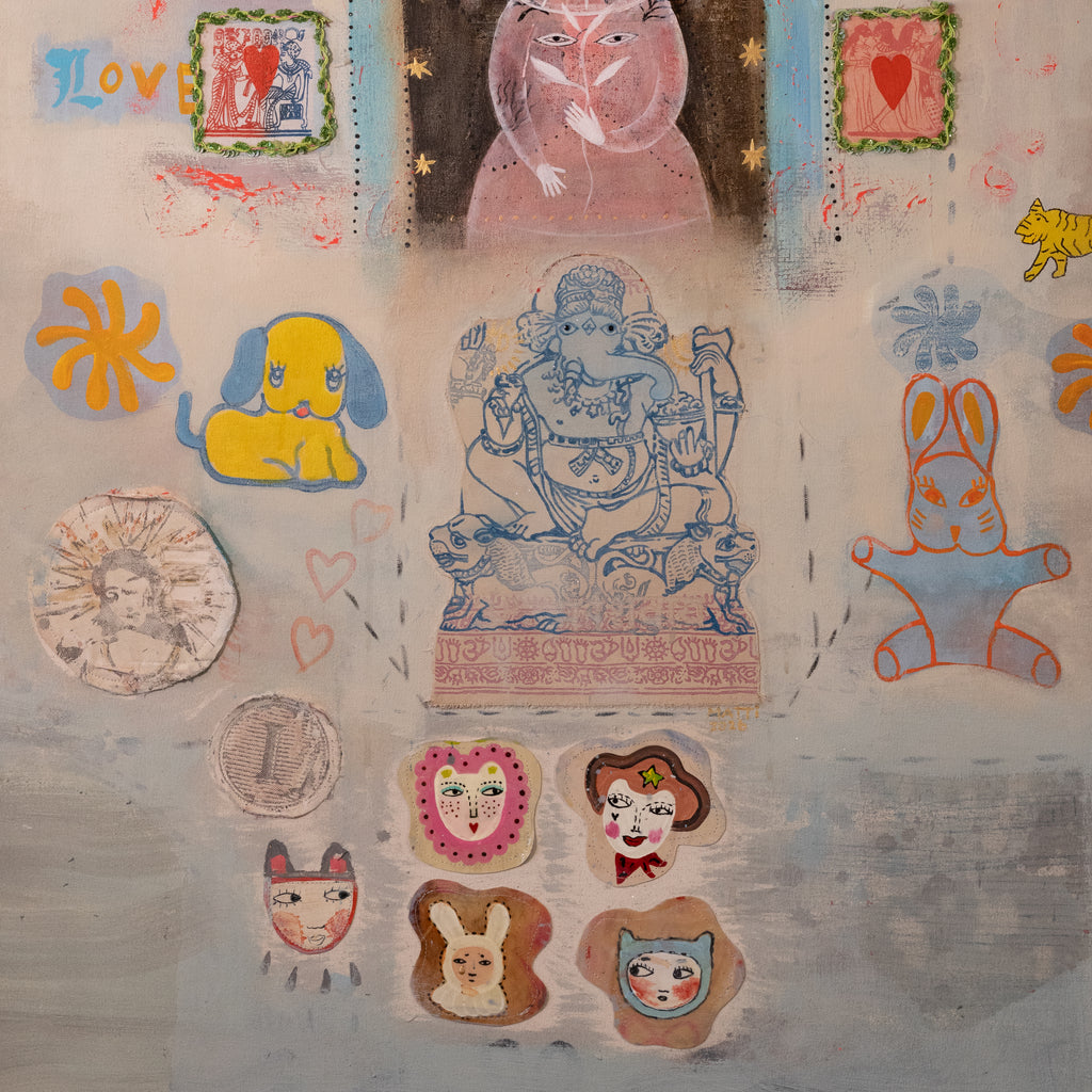 A colorful mixed-media collage artwork featuring Ganesha, a yellow puppy, a blue bunny, a pink cat, and various heart and face motifs on a textured light blue and beige background.