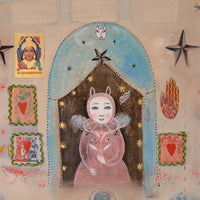 A surreal folk-art style painting featuring a central figure in a pink robe and bunny hat under a blue arch, surrounded by stars, small portraits, a heart motif, and abstract decorative elements on a beige background.