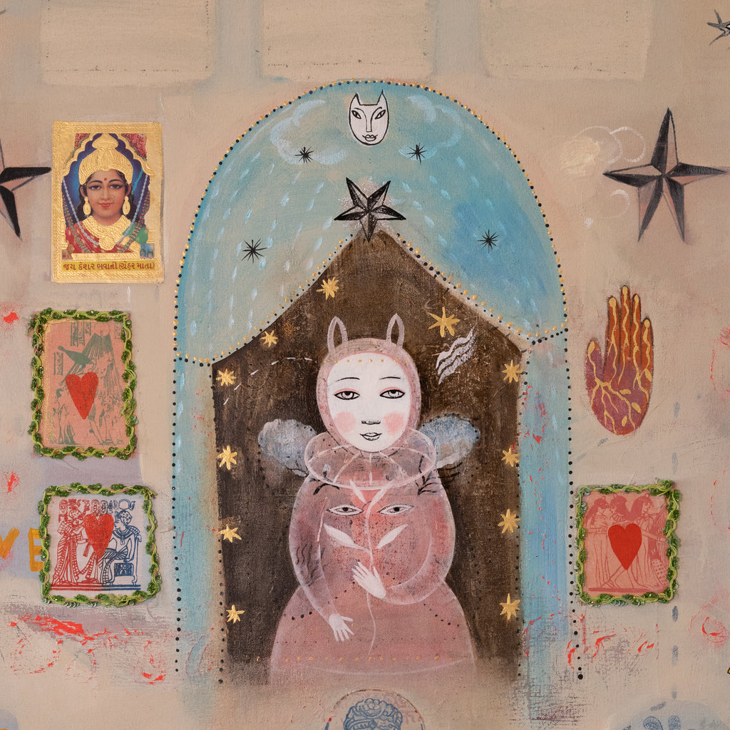 A surreal folk-art style painting featuring a central figure in a pink robe and bunny hat under a blue arch, surrounded by stars, small portraits, a heart motif, and abstract decorative elements on a beige background.