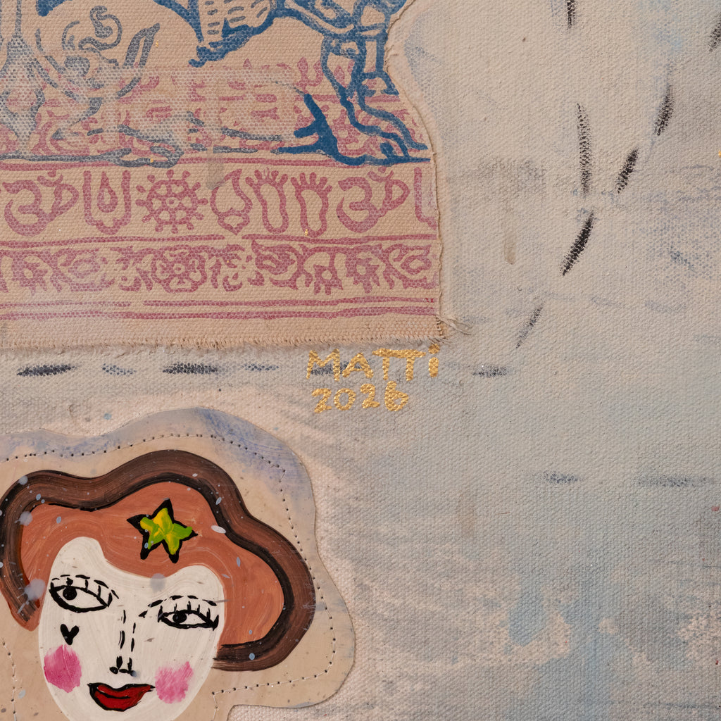 A close-up of a textured mixed-media painting featuring a stylized face with brown hair, pink cheeks, and a green star, alongside a patterned textile motif in pink and blue on a light gray canvas background.