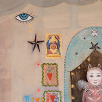A surreal collage-style artwork on a beige background featuring a blue eye with teardrop, black star shapes, a small portrait card, a blue arched window-like form with a white fox face, and a pink rabbit-like figure with multiple eyes.