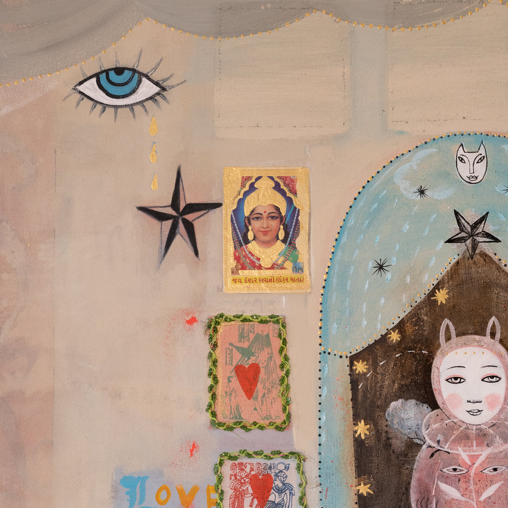 A surreal collage-style artwork on a beige background featuring a blue eye with teardrop, black star shapes, a small portrait card, a blue arched window-like form with a white fox face, and a pink rabbit-like figure with multiple eyes.