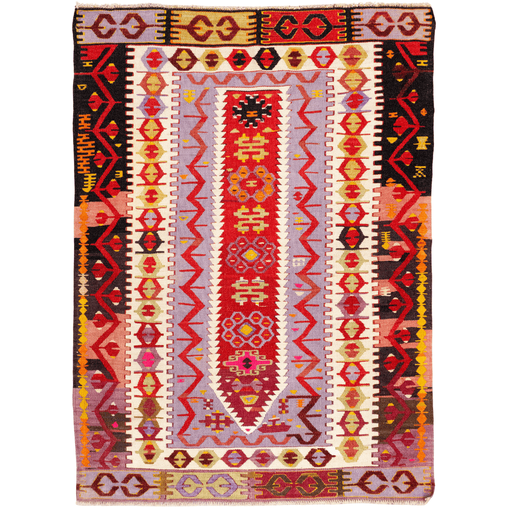 Handwoven Turkish Kilim rug in wool with vibrant lilac, red, yellow, and maroon geometric patterns