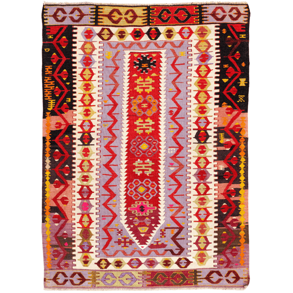 Handwoven Turkish Kilim rug in wool with vibrant lilac, red, yellow, and maroon geometric patterns