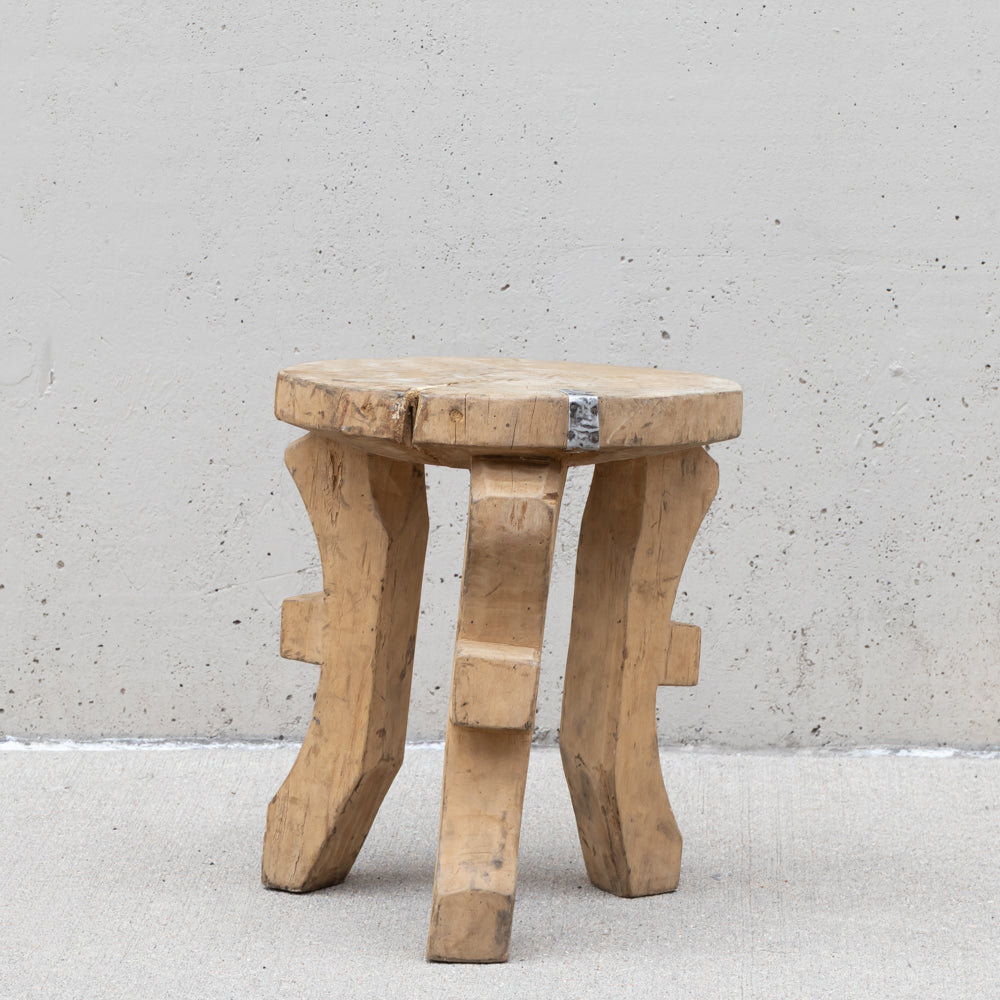 Vintage African Patched Wood Stool Round
