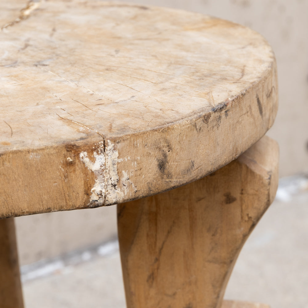 Vintage African Patched Wood Stool Round