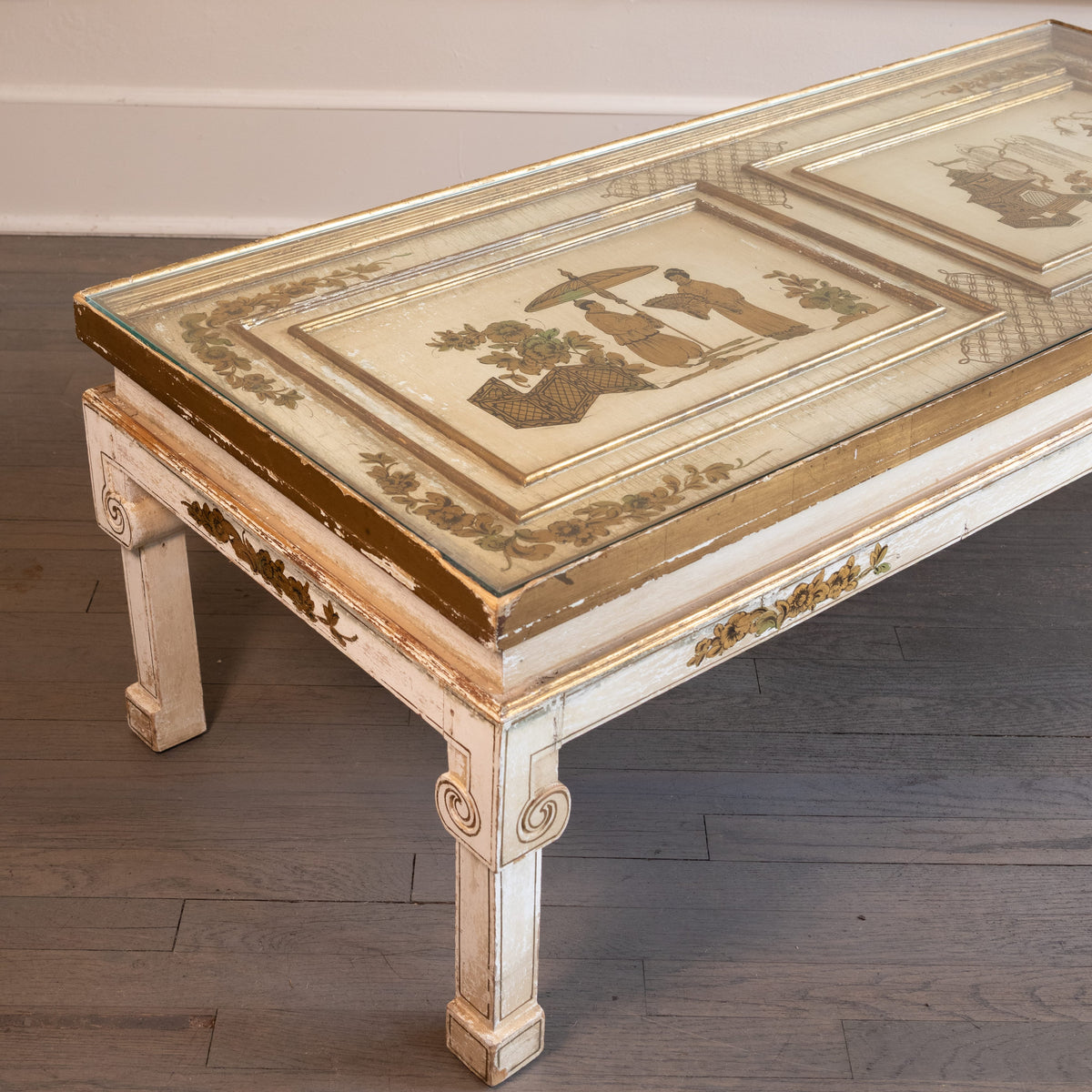 Vintage Distressed Chinoiserie Coffee Table with Hand Painted Artwork and Glass Top