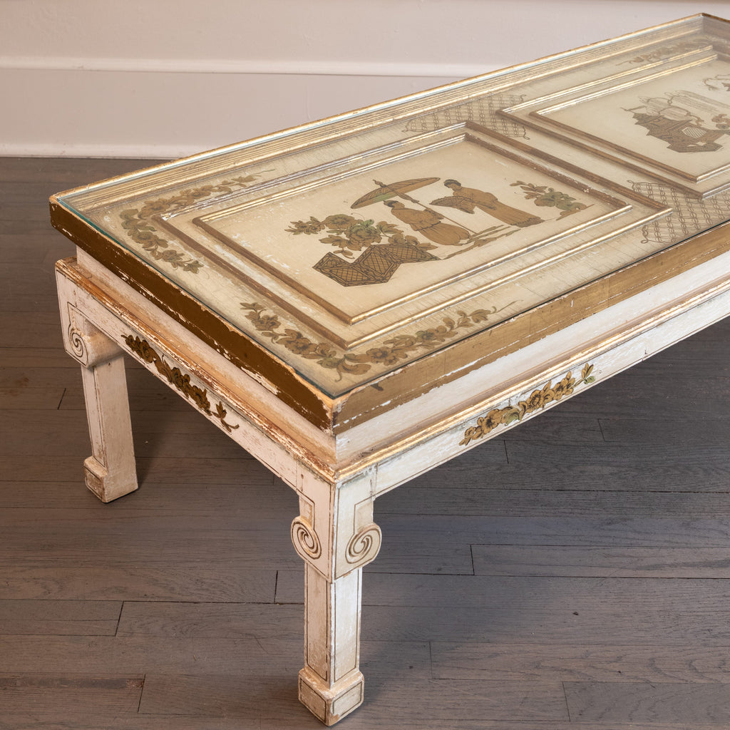 Vintage Distressed Chinoiserie Coffee Table with Hand Painted Artwork and Glass Top
