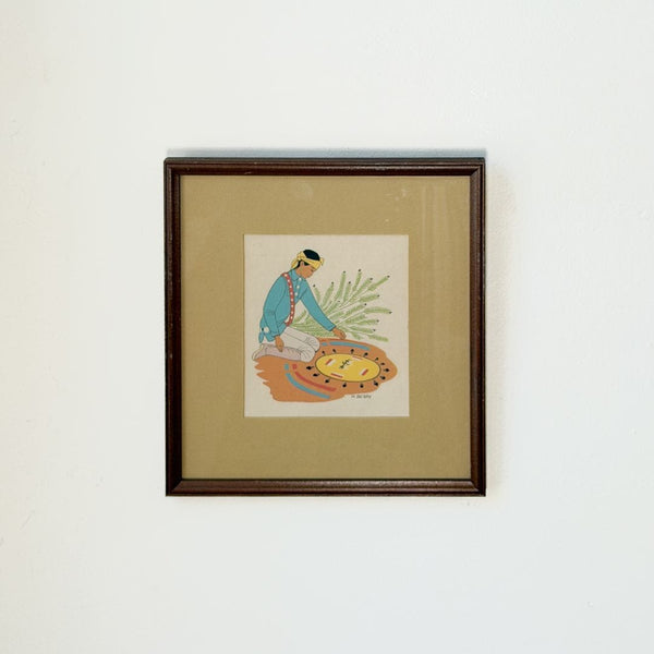 Framed artwork of a person with a plant on a beige background