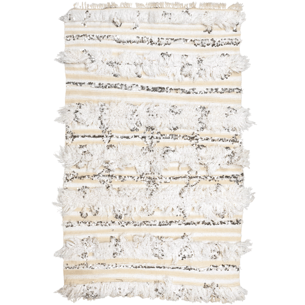 Vintage Moroccan wedding blanket (handira) in wool and cotton with sequins and fringe. Modern Nomad Home Denver CO