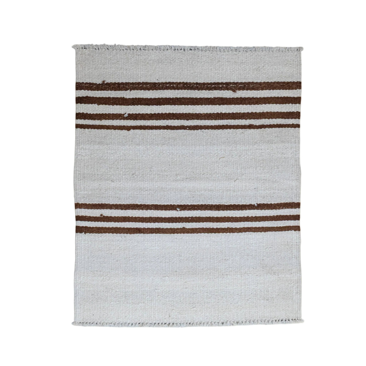 A rectangular woven rug with a light gray base and three vertical dark brown stripes, shown flat against a plain off-white background.