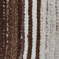 Close-up of a woven textile with vertical stripes in dark brown, medium brown, and off-white, showing the texture and material detail.