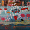 A colorful folk-art style painting or print showing abstract floral and decorative motifs, including red flowers, a red vase, white leafy forms, a blue patterned central oval, and stylized animal faces along the top.