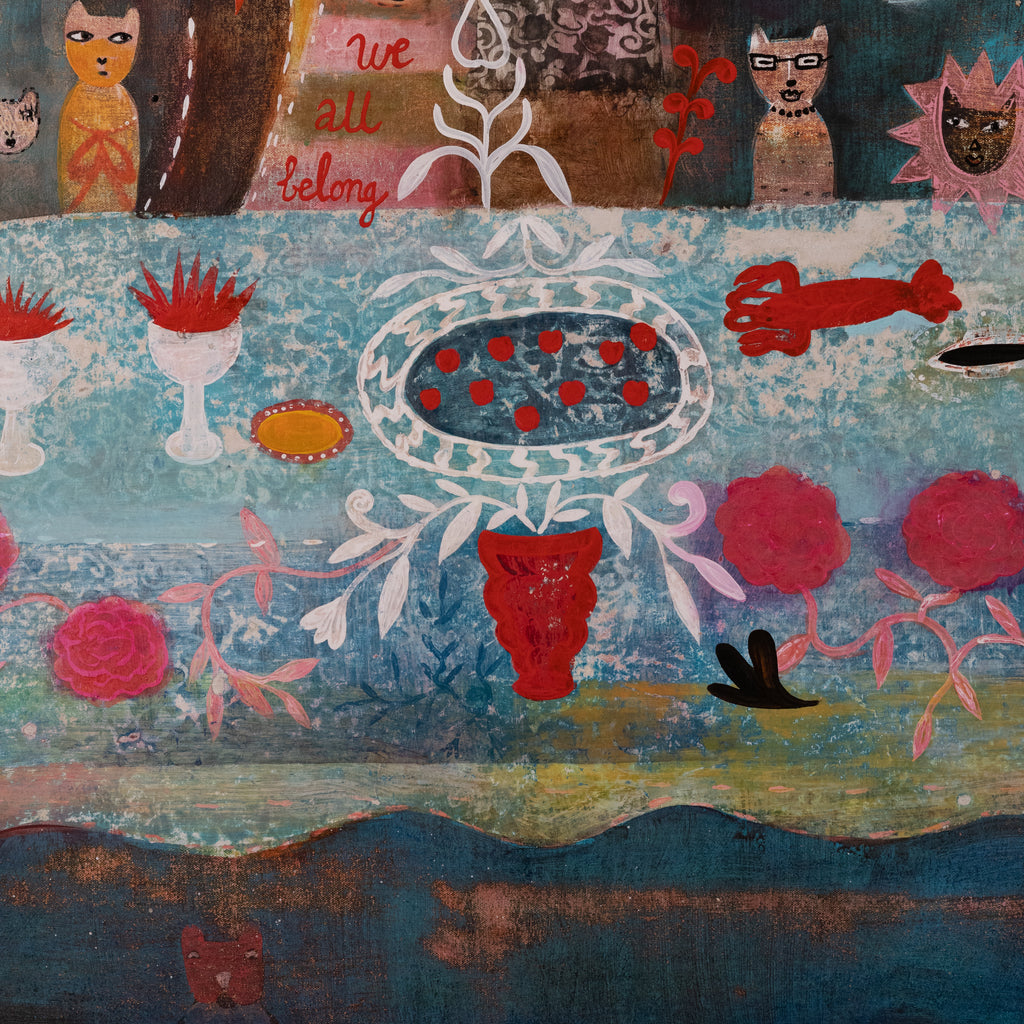 A colorful folk-art style painting or print showing abstract floral and decorative motifs, including red flowers, a red vase, white leafy forms, a blue patterned central oval, and stylized animal faces along the top.