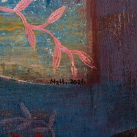 Close-up of an expressive painting featuring pink leafy branches against a textured blue and brown background, with a visible signature reading 'Matti: 2026'.