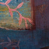 Close-up of an expressive painting featuring pink leafy branches against a textured blue and brown background, with a visible signature reading 'Matti: 2026'.