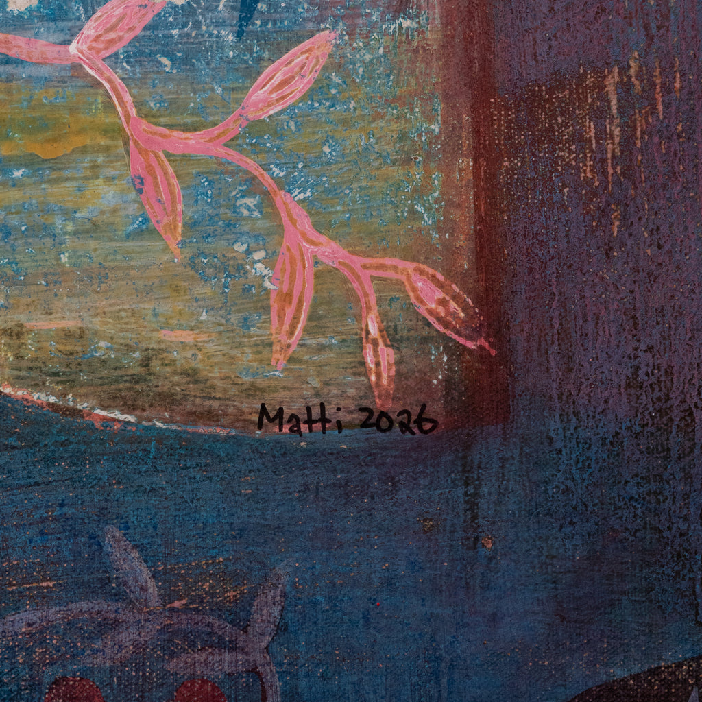 Close-up of an expressive painting featuring pink leafy branches against a textured blue and brown background, with a visible signature reading 'Matti: 2026'.