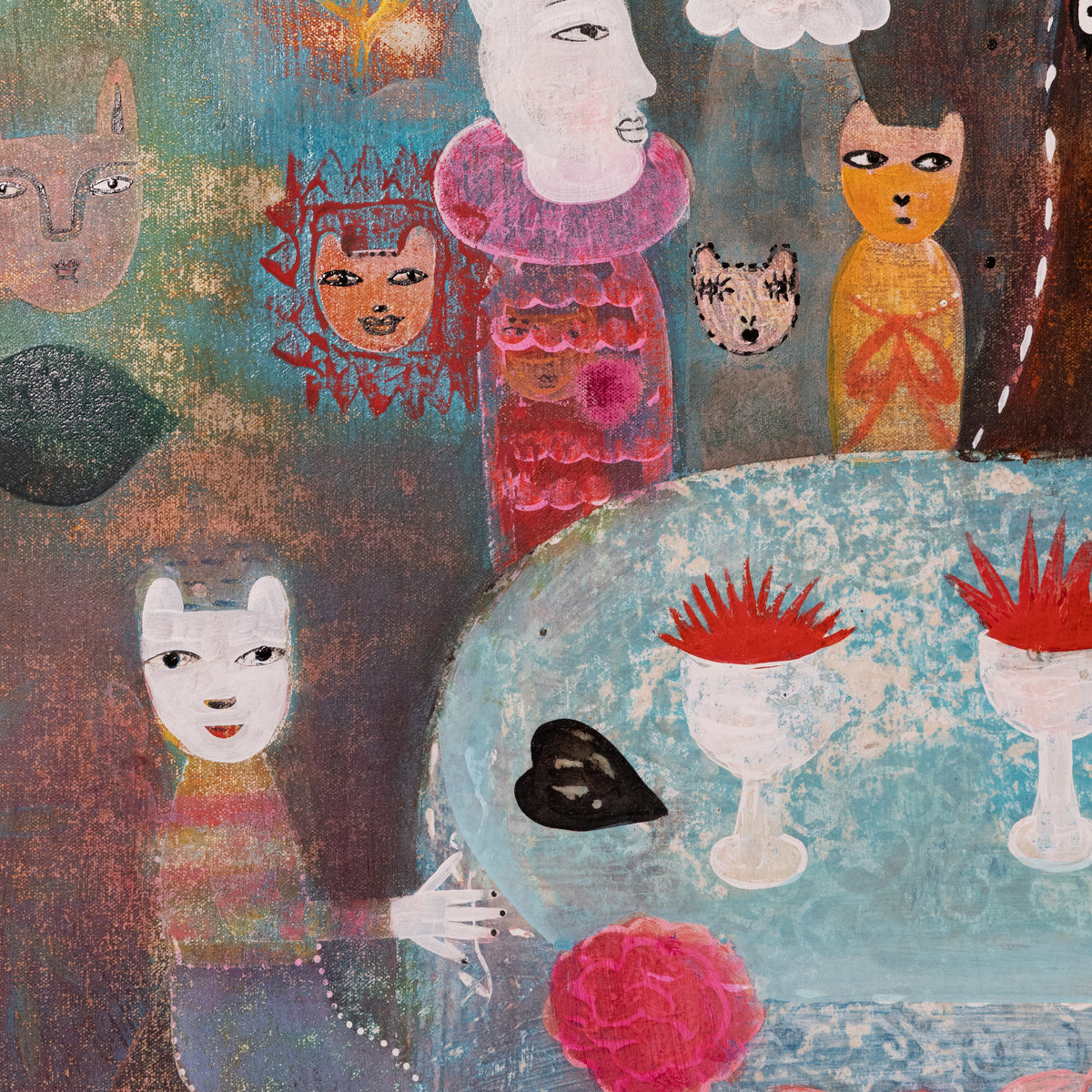 A close-up of a surreal, textured painting featuring stylized faces, cats, and abstract objects on a teal and brown background.
