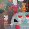 A close-up of a surreal, textured painting featuring stylized faces, cats, and abstract objects on a teal and brown background.