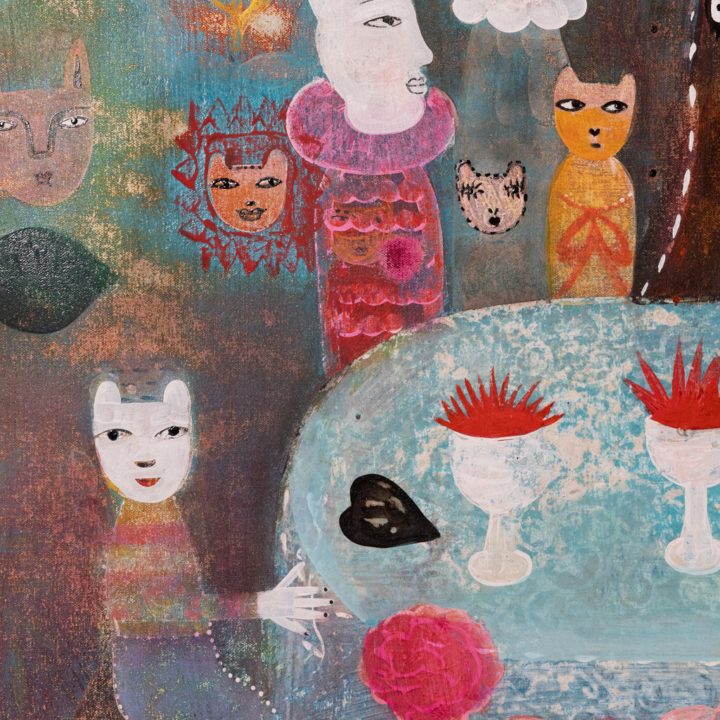 A close-up of a surreal, textured painting featuring stylized faces, cats, and abstract objects on a teal and brown background.