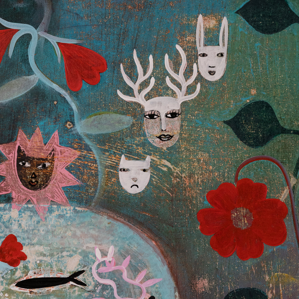 A surreal painted scene with stylized animal and flower faces on a textured teal background, including a deer-like face with antlers, rabbit-like face, cat-like face, sunflower-like face, and large red flowers.