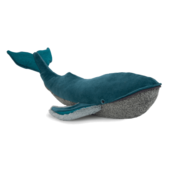 Plush whale toy with textured gray belly on a white background