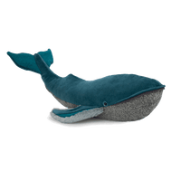 Plush whale toy with textured gray belly on a white background