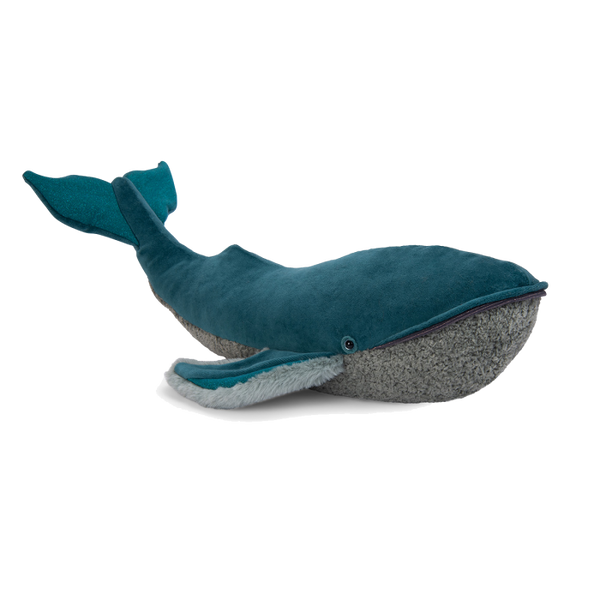 Plush whale toy with textured gray belly on a white background