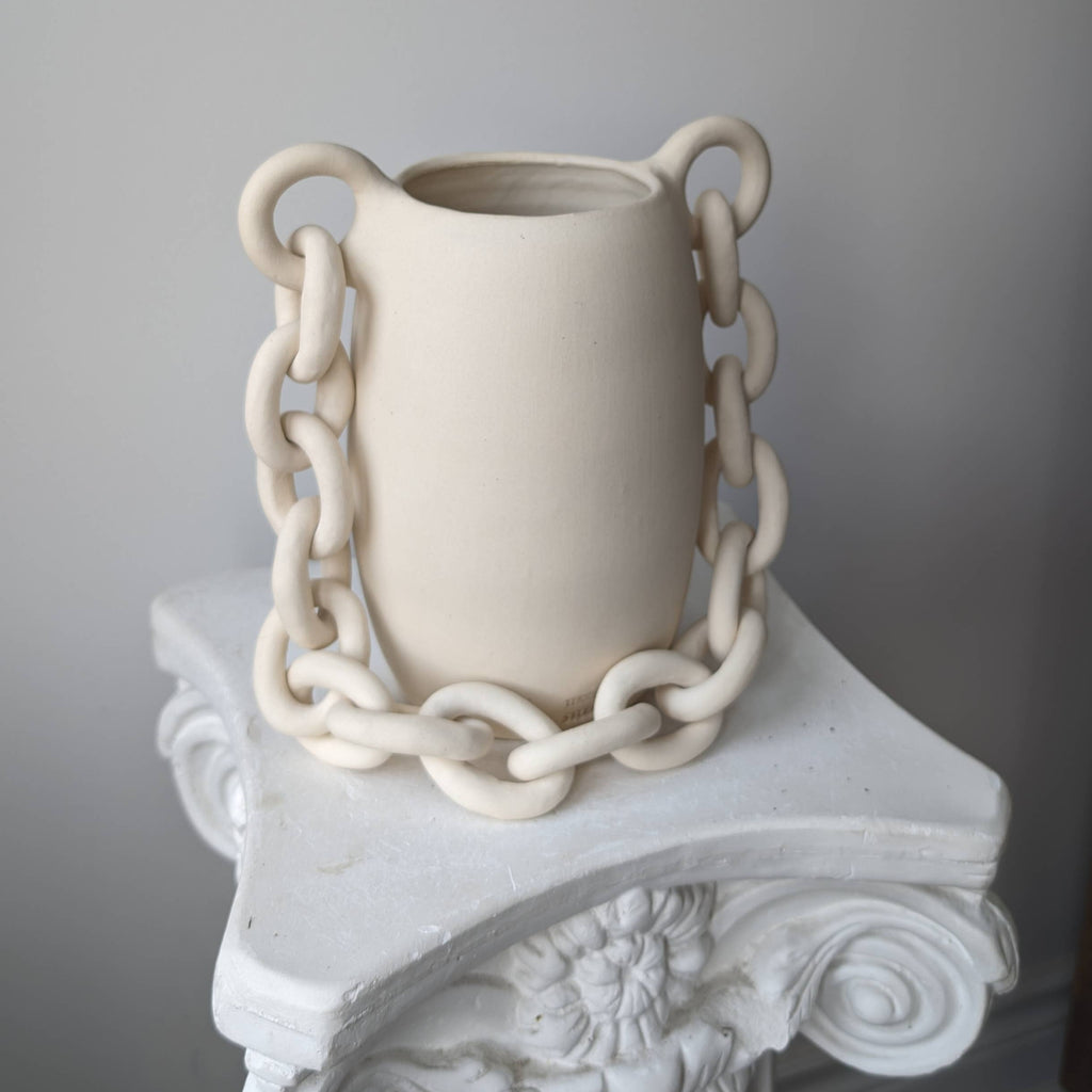 White Handmade ceramic vase with chain vessel