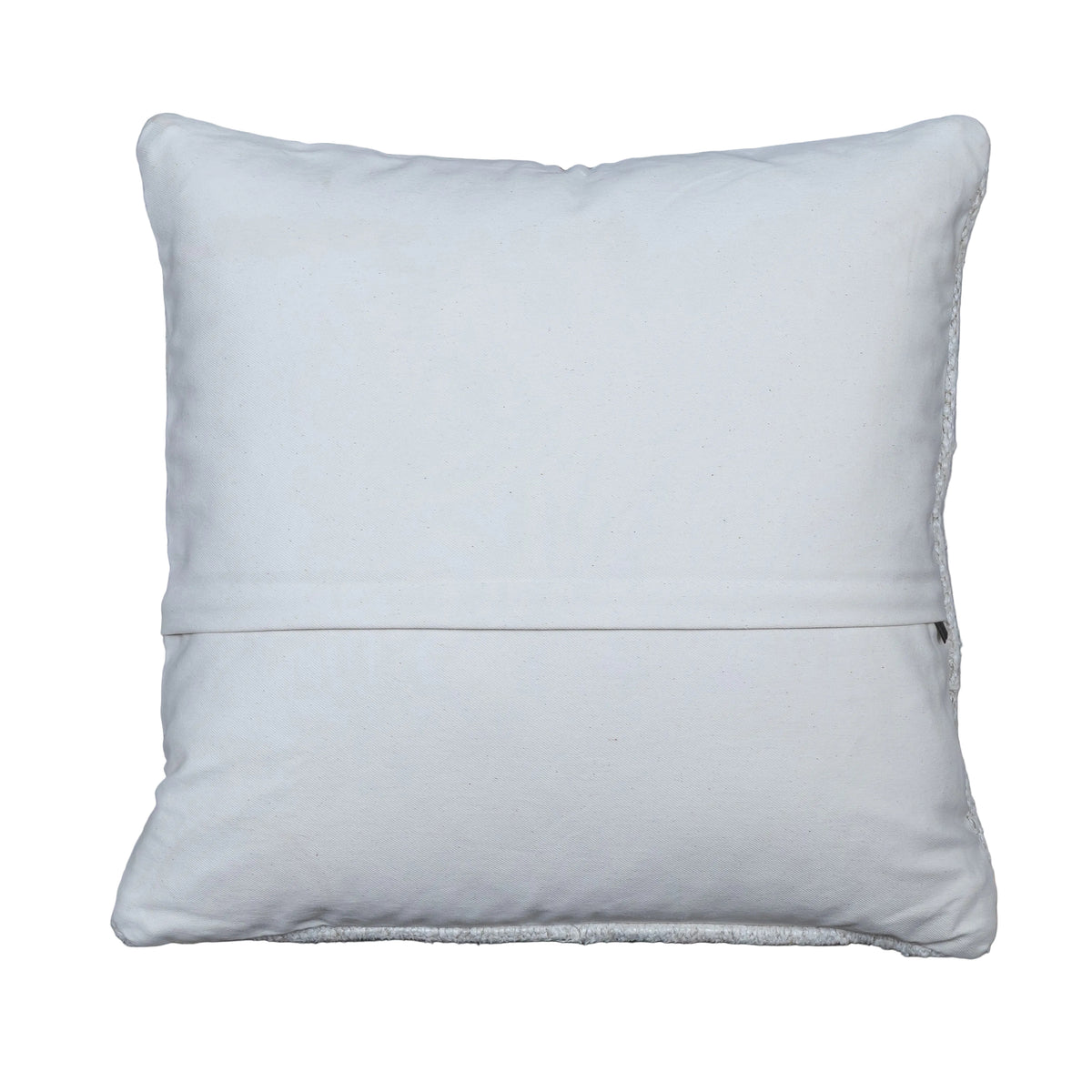 A square white throw pillow with a stitched hem, displayed flat on a rustic gray wooden plank background.