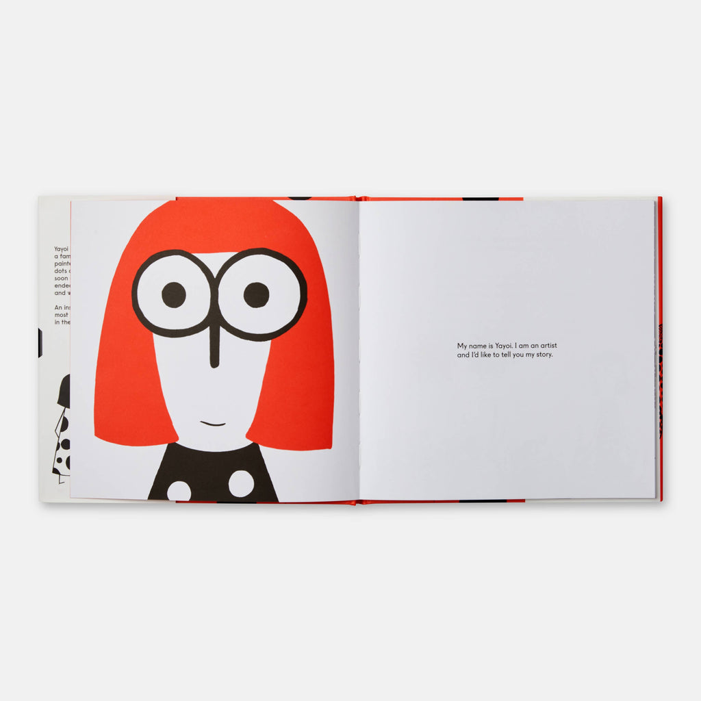 Open book with a character illustration and text on a white background