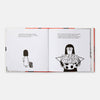 Open book with black and white illustrations of a person and a shopping cart on a white background