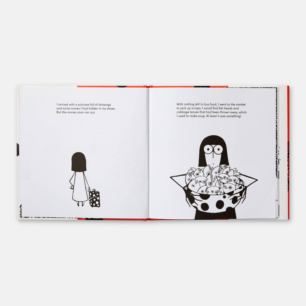 Open book with black and white illustrations of a person and a shopping cart on a white background