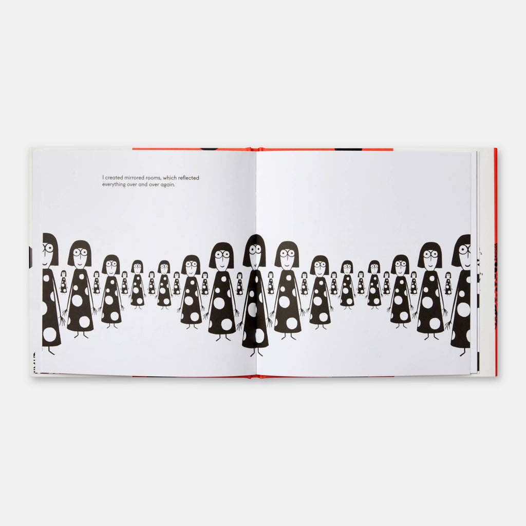 Open book with illustrations of black and white figures on a white background