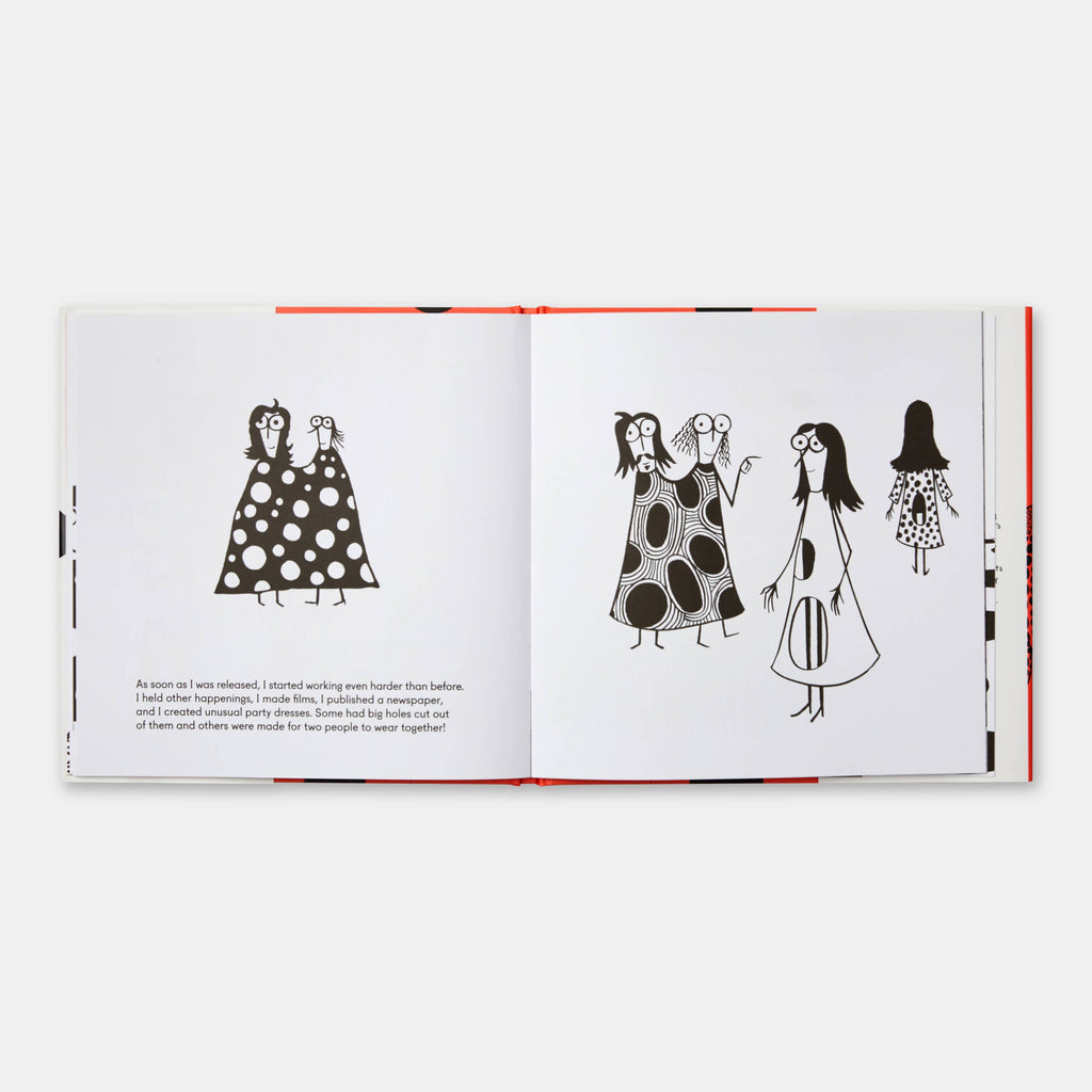 Open book with illustrations of women in polka dot dresses on a white background