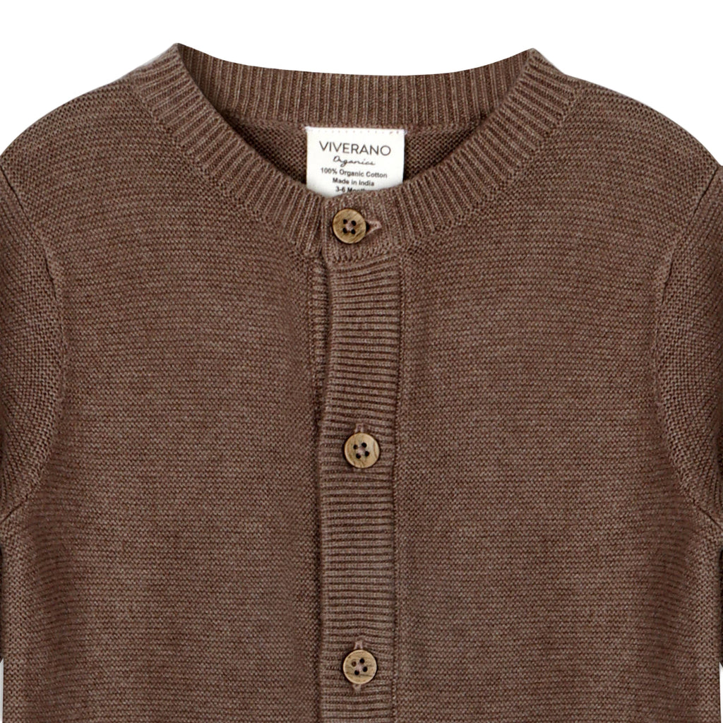 Brown knitted cardigan with button details on a white background, featuring the brand 'Viverano'.