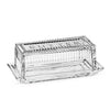 Clear glass butter dish with 'Butter' text on a white background