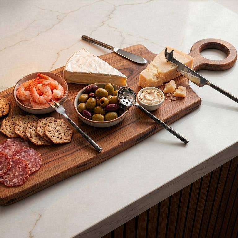 A styled charcuterie board arrangement on a white marble countertop, featuring a wooden serving board with a handle, cheese knives, shrimp, crackers, salami, olives, dip, and sliced meats.