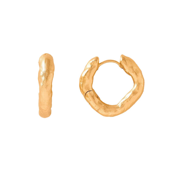 Gold hoop earrings on a beige background
