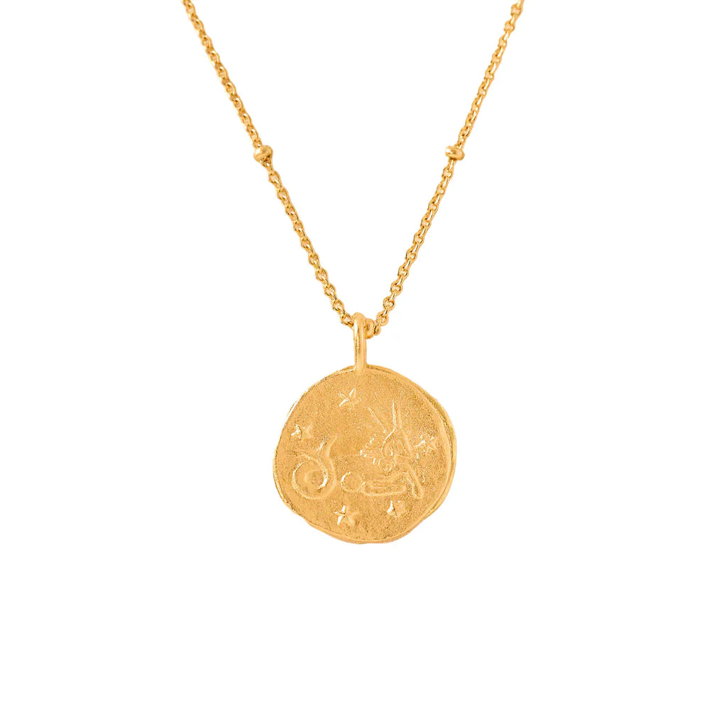 gold necklace with a round capricorn zodiac pendant
