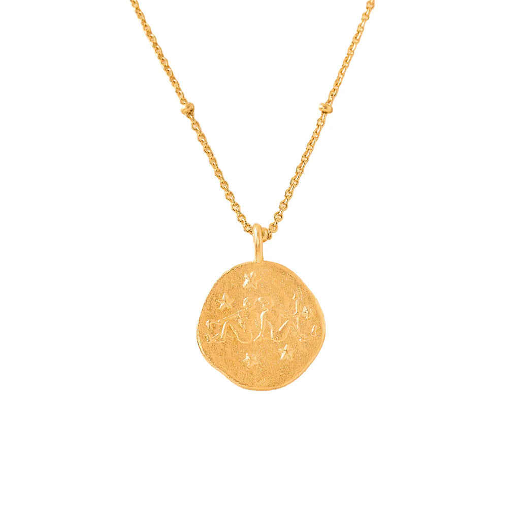 gold necklace with a round gemini zodiac pendant