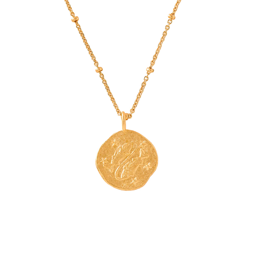 gold necklace with a round pisces zodiac pendant