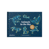 The front cover of the hardcover book 'Animals in the Sky' by Sara Gillingham, published by Phaidon. The cover features a dark navy blue background decorated with gold stars and neon blue line-art illustrations of various animals in constellation patterns, including a bear, fish, bat, fox, and owl.