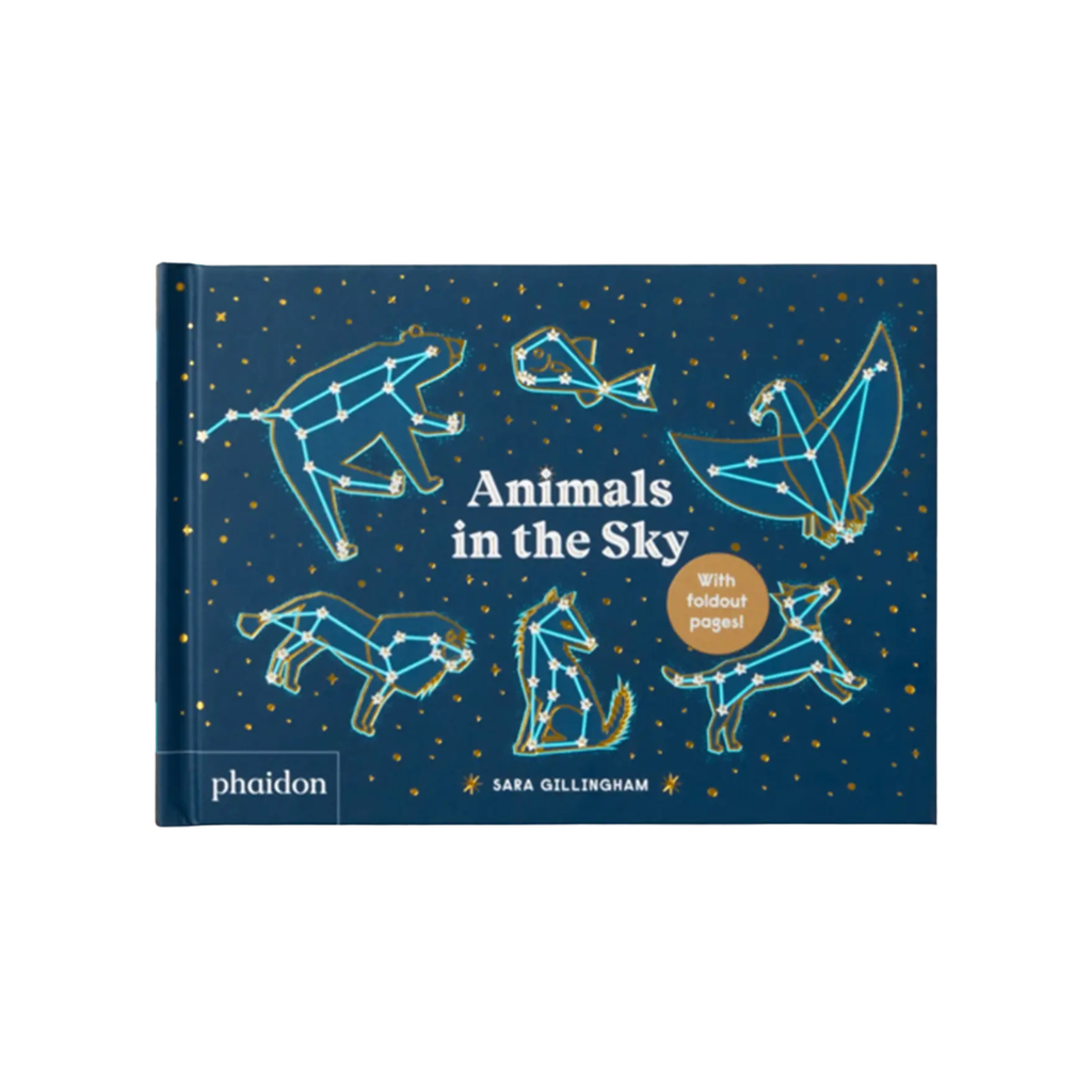 The front cover of the hardcover book 'Animals in the Sky' by Sara Gillingham, published by Phaidon. The cover features a dark navy blue background decorated with gold stars and neon blue line-art illustrations of various animals in constellation patterns, including a bear, fish, bat, fox, and owl.