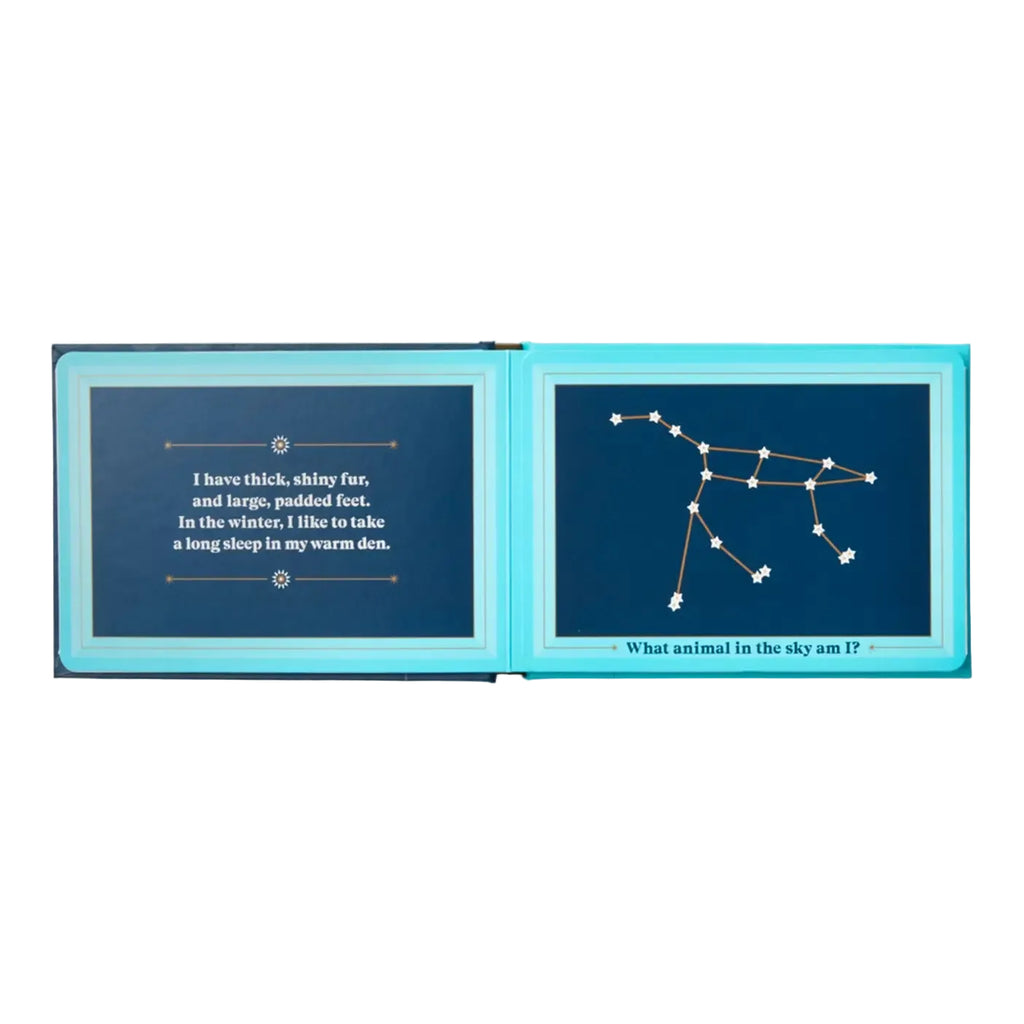 Open book with a constellation diagram and text on a white background