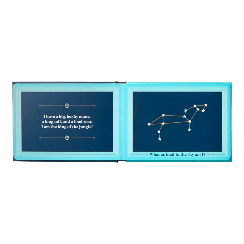 Open book with constellation illustration and text on a white background