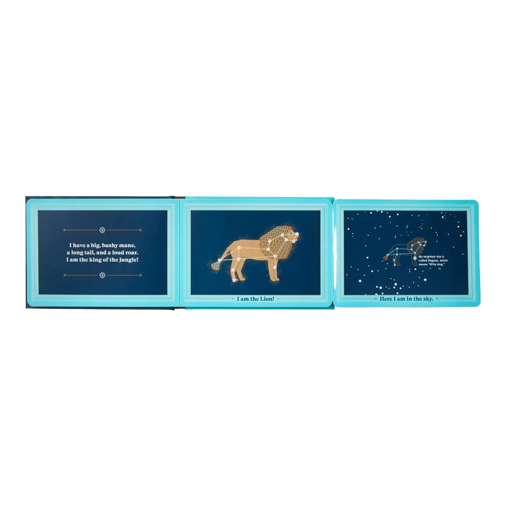 Children's book about the constellation Leo with illustrations and text on a white background