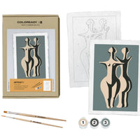 Art supply set with 'Coloready' packaging, paintbrushes, and abstract art prints on a white background